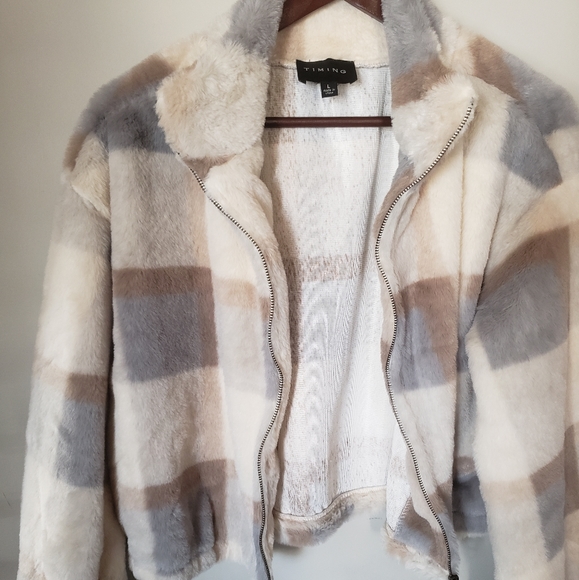 TIMING Plaid Fuzzy Zip Up High Neck Jacket - Picture 6 of 7